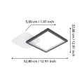 Lampa sufitowa LED GAFARES przedstawiona wraz z liniami wymiarowymi, ukazującymi proporcje dwóch połączonych kwadratowych elementów.