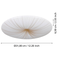 Lampa sufitowa LED NIEVES 1 przedstawiona wraz z liniami wymiarowymi, ukazującymi średnicę i wysokość okrągłego dekoracyjnego klosza.