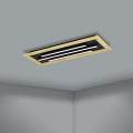 Na szarym suficie lampa LED TIRRENARA tworzy podłużną kompozycję światła, podkreślając geometryczną czarno-złotą konstrukcję.