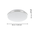 Lampa sufitowa LED PINETTO przedstawiona wraz z liniami wymiarowymi, ukazującymi średnicę oraz niewielką wysokość okrągłej oprawy.