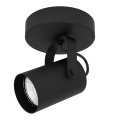 Reflektor LED SOREGO 3W z czarnego metalu, z pojedynczą cylindryczną oprawą osadzoną na okrągłej podstawie montażowej.