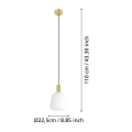 Lampa wisząca MANZANARES przedstawiona wraz z liniami wymiarowymi, ukazującymi wysokość zawieszenia i proporcje białego szklanego klosza.