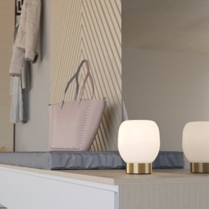 Lampa stołowa szklana MANZANARES biały mosiądz szczotkowany E27
