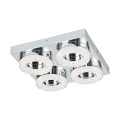 Kwadratowa lampa sufitowa LED FRADELO z czterema okrągłymi modułami świetlnymi i dekoracyjnymi przezroczystymi elementami wokół opraw.