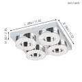 Lampa sufitowa LED FRADELO przedstawiona wraz z liniami wymiarowymi, ukazującymi kwadratową formę i rozmieszczenie czterech modułów LED.