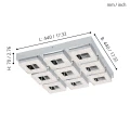 Lampa sufitowa LED FRADELO przedstawiona wraz z liniami wymiarowymi, ukazującymi kwadratową formę i rozmieszczenie dziewięciu modułów LED.