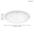 Lampa sufitowa LED MARGITTA 1 przedstawiona wraz z liniami wymiarowymi, ukazującymi średnicę i wysokość okrągłego szklanego klosza.