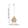 Lampa wisząca CARLTON przedstawiona wraz z liniami wymiarowymi, ukazującymi wysokość zawieszenia i proporcje złotego klosza.