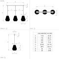 Lampa wisząca ALDERNEY przedstawiona schematycznie z oznaczeniami wymiarów oraz rozmieszczeniem trzech kloszy pod czarną podsufitką.