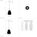 Lampa wisząca ALDERNEY przedstawiona schematycznie z oznaczeniami wymiarów oraz proporcji pojedynczego klosza, przewodu i podsufitki.