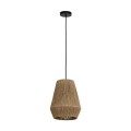 Lampa wisząca ALDERNEY z pojedynczym stożkowym kloszem z naturalnej nici tekstylnej, czarnym przewodem i okrągłą podsufitką.