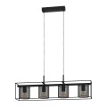 Czarna lampa wisząca CATTERICK z pięcioma oprawkami E27 rozmieszczonymi w jednej linii pod prostokątną metalową ramą.