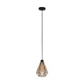 Lampa wisząca ADWICKLE z jednym stożkowym kloszem z naturalnej tkaniny, zawieszonym na czarnym przewodzie pod okrągłą podsufitką.