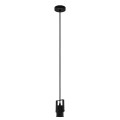 Lampa wisząca CALARI z czarną metalową konstrukcją, pojedynczą oprawką E27 i długim przewodem pod okrągłą podsufitką.