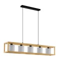 Lampa wisząca GRANADOS z drewnianą prostokątną konstrukcją, pięcioma oprawkami E27 oraz czarną podsufitką i przewodami.
