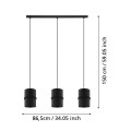 Lampa wisząca PARAGUAIO przedstawiona wraz z liniami wymiarowymi, ukazującymi wysokość zawieszenia oraz rozmieszczenie trzech kloszy.