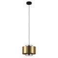 Lampa wisząca DUGLIA z cylindrycznym złoto-przezroczystym kloszem, czarnym przewodem i okrągłą czarną podsufitką.