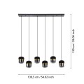 Lampa wisząca SINSIGA przedstawiona wraz z liniami wymiarowymi, ukazującymi wysokość zawieszenia oraz rozmieszczenie sześciu kloszy.