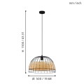 Lampa wisząca ANWICK przedstawiona z liniami wymiarowymi, ukazującymi średnicę rattanowego klosza oraz wysokość zawieszenia na czarnym przewodzie.