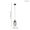 Lampa wisząca BASILDON przedstawiona z liniami wymiarowymi, ukazującymi wysokość zawieszenia oraz proporcje owalnej drewniano-metalowej konstrukcji.