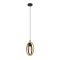 Lampa wisząca BASILDON z pojedynczym owalnym kloszem z drewna i czarnego metalu, zawieszona na przewodzie pod okrągłą podsufitką.
