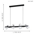 Lampa wisząca HORNWOOD 1 przedstawiona z liniami wymiarowymi, ukazującymi długość czarnej metalowej belki, wysokość zawieszenia i rozstaw czterech kloszy.