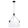 Lampa wisząca TORTOLA z pojedynczym białym kloszem z tkaniny, podtrzymywanym przez czarne ramiona i zawieszonym pod okrągłą podsufitką.