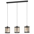Lampa wisząca DELLOW z trzema cylindrycznymi metalowymi kloszami, czarnymi przewodami i podłużną podsufitką, z detalami w kolorze mosiądzu.