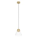 Lampa wisząca CERASELLA z przezroczystym szklanym kloszem o stożkowej formie, smukłym przewodem i okrągłą podsufitką w kolorze szczotkowanego mosiądzu.