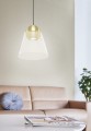 Nad stolikiem lampa wisząca CERASELLA emituje delikatne światło przez stożkowy szklany klosz, podkreślając detale w kolorze szczotkowanego mosiądzu.