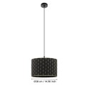 Lampa wisząca MARASALES z pojedynczym czarnym cylindrycznym abażurem z tkaniny, dekoracyjnym wzorem i długim przewodem zawieszenia.