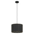 Lampa wisząca MARASALES z czarnym tekstylnym kloszem o cylindrycznym kształcie, zawieszonym na przewodzie pod okrągłą czarną podsufitką.