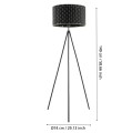 Lampa podłogowa MARASALES przedstawiona z liniami wymiarowymi, ukazującymi wysokość oprawy, średnicę cylindrycznego klosza oraz rozstaw trzech nóg podstawy.