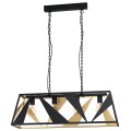 Lampa wisząca TABLONCITO z podłużną czarną metalową ramą, dekoracyjnymi trójkątnymi elementami i złotym wykończeniem wewnętrznym, zawieszona pod prostokątną podsufitką.
