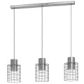 Lampa wisząca MILLIGAN z trzema cylindrycznymi kloszami z metalowej siatki w ocynkowanym wykończeniu, zawieszonymi na przewodach pod podłużną podsufitką.