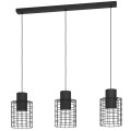 Lampa wisząca MILLIGAN z trzema ażurowymi metalowymi kloszami w kolorze czarnym, zawieszonymi na przewodach pod podłużną czarną podsufitką.