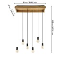 Lampa wisząca WOOTTON przedstawiona z liniami wymiarowymi, ukazującymi długość drewnianej podsufitki oraz wysokość zawieszenia sześciu oprawek E27.