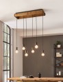 Lampa wisząca WOOTTON z sześcioma żarówkami zawieszonymi na czarnych przewodach pod drewnianą podsufitką, tworząca przestrzenną kompozycję świetlną.