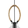 Zbliżenie lampy RODING ukazuje dekoracyjny pierścień z naturalnej liny konopnej, czarną metalową oprawkę oraz górną część szklanego klosza.