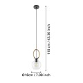 Lampa wisząca RODING przedstawiona z liniami wymiarowymi, ukazującymi wysokość zawieszenia, średnicę szklanego klosza i proporcje dekoracyjnego pierścienia.