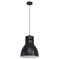 Lampa wisząca EBURY z pojedynczym czarnym metalowym kloszem rozszerzającym się ku dołowi, białym wykończeniem wewnętrznym i okrągłą podsufitką.