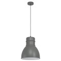 Lampa wisząca EBURY z pojedynczym szarym metalowym kloszem rozszerzającym się ku dołowi, białym wykończeniem wewnętrznym i okrągłą podsufitką.