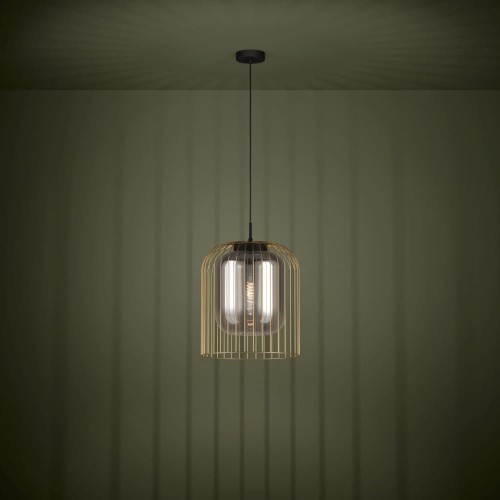Lampa wisząca CAMINATA z pojedynczym transparentnym szklanym kloszem, zawieszona na czarnym przewodzie i emitująca ciepłe światło.