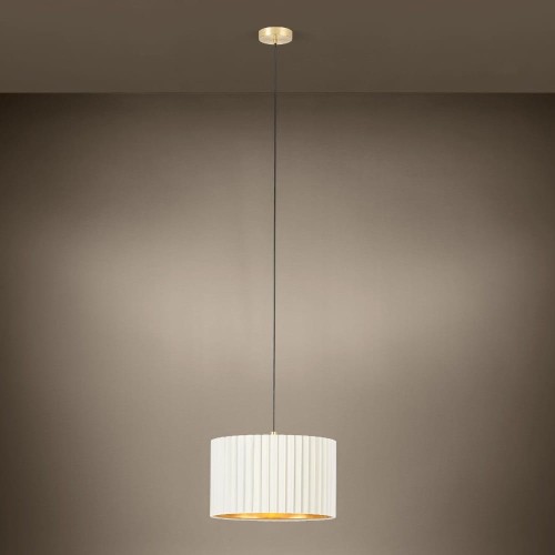 Lampa wisząca TAMARESCO z pojedynczym białym aksamitnym kloszem, zawieszona na tle ciemnej ściany i emitująca delikatne światło.
