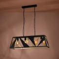 Lampa wisząca TABLONCITO z czarną metalową konstrukcją o geometrycznym wzorze i złotymi detalami, zawieszona na dwóch przewodach na tle brązowej ściany.