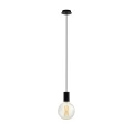 Lampa wisząca POZUETA z pojedynczą czarną cylindryczną oprawką, długim przewodem zawieszenia i okrągłą podsufitką, z widoczną żarówką E27.