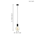 Lampa wisząca POZUETA przedstawiona z liniami wymiarowymi, ukazującymi wysokość zawieszenia, średnicę podsufitki oraz proporcje oprawki E27.
