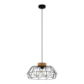 Lampa wisząca PADSTOW z pojedynczym kloszem z czarnych metalowych prętów, brązowym drewnianym mocowaniem, czarnym przewodem i okrągłą podsufitką.