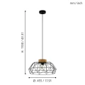 Lampa wisząca PADSTOW przedstawiona z liniami wymiarowymi, ukazującymi wysokość zawieszenia, średnicę ażurowego klosza oraz proporcje drewnianego mocowania.