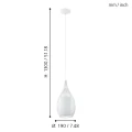 Lampa wisząca RAZONI przedstawiona z liniami wymiarowymi, ukazującymi wysokość zawieszenia, średnicę klosza oraz proporcje jego wydłużonej konstrukcji.